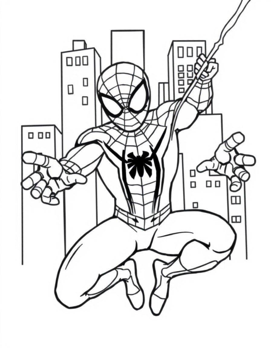 A spiderman throwing web outside of his wrists and buildings behind