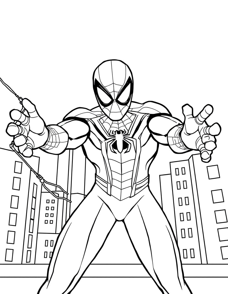 A spiderman throwing web outside of his wrists and buildings behind