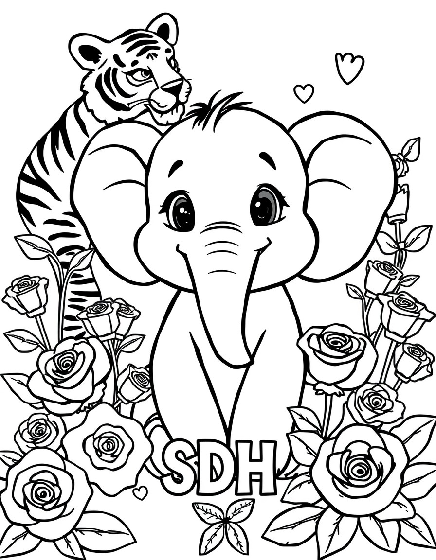 Cute cartoon elephant surrounded by tiger lollies roses pink  ladys with the initials SDH