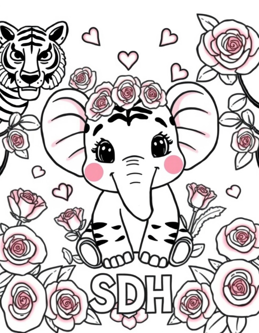 Cute cartoon elephant surrounded by tiger lollies roses pink  ladys with the initials SDH