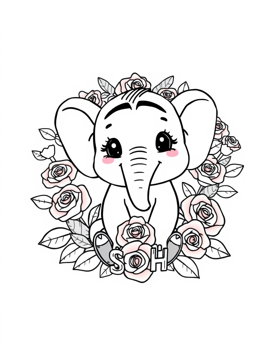 Cute cartoon elephant surrounded by tiger lollies roses pink  ladys with the initials SDH