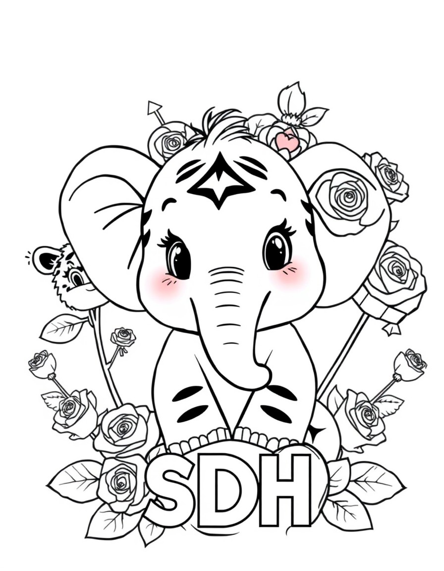 Cute cartoon elephant surrounded by tiger lollies roses pink  ladys with the initials SDH