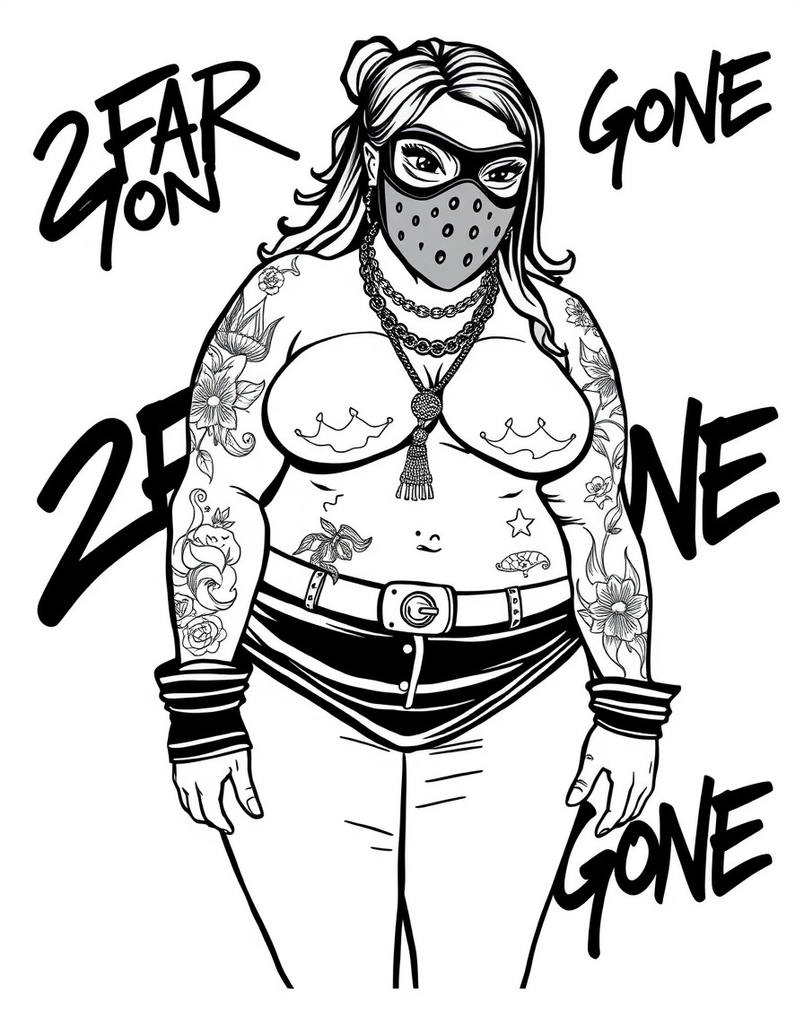Thick gangster girl with tattoos,large necklace,and a ski mask on. "2 Far Gone" in graffitti