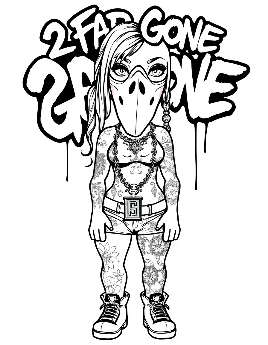 Thick gangster girl with tattoos,large necklace,and a ski mask on. "2 Far Gone" in graffitti