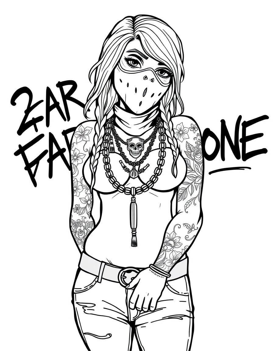 Thick gangster girl with tattoos,large necklace,and a ski mask on. "2 Far Gone" in graffitti