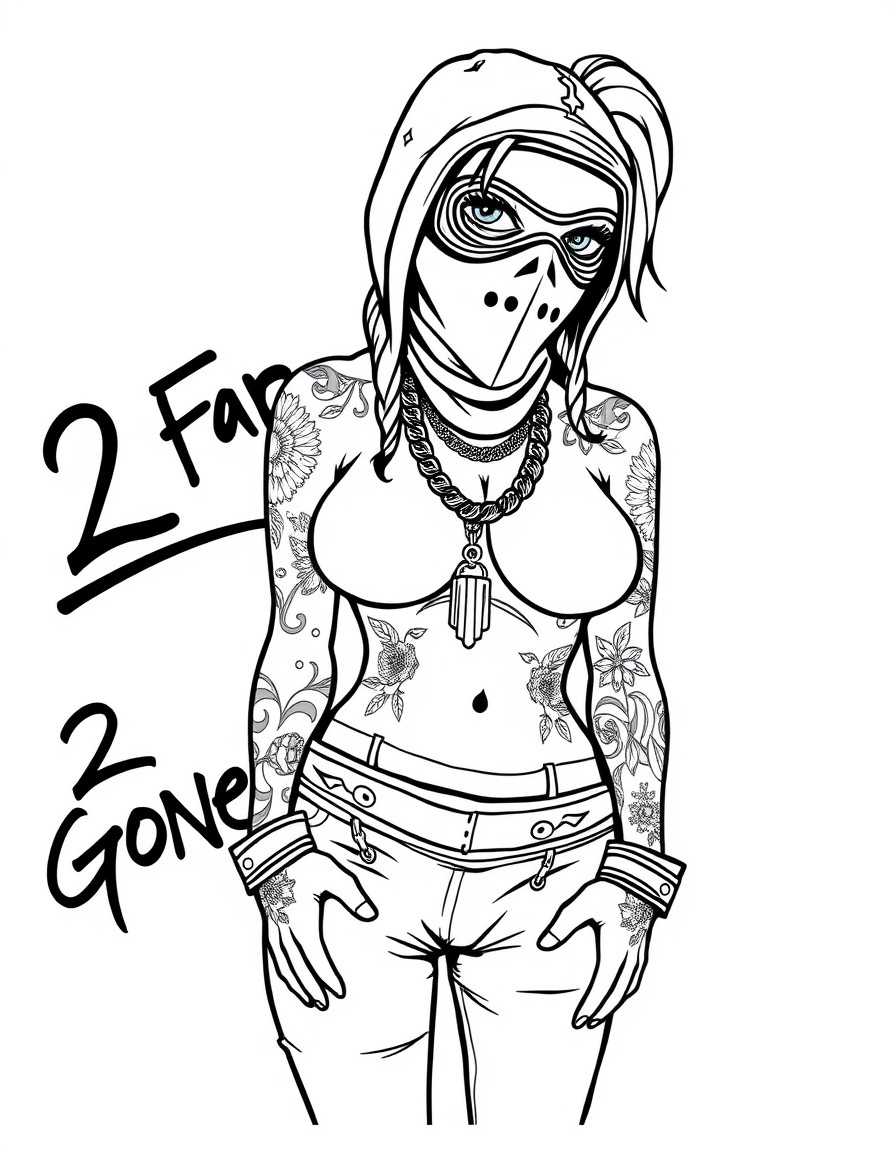 Thick gangster girl with tattoos,large necklace,and a ski mask on. "2 Far Gone" in graffitti