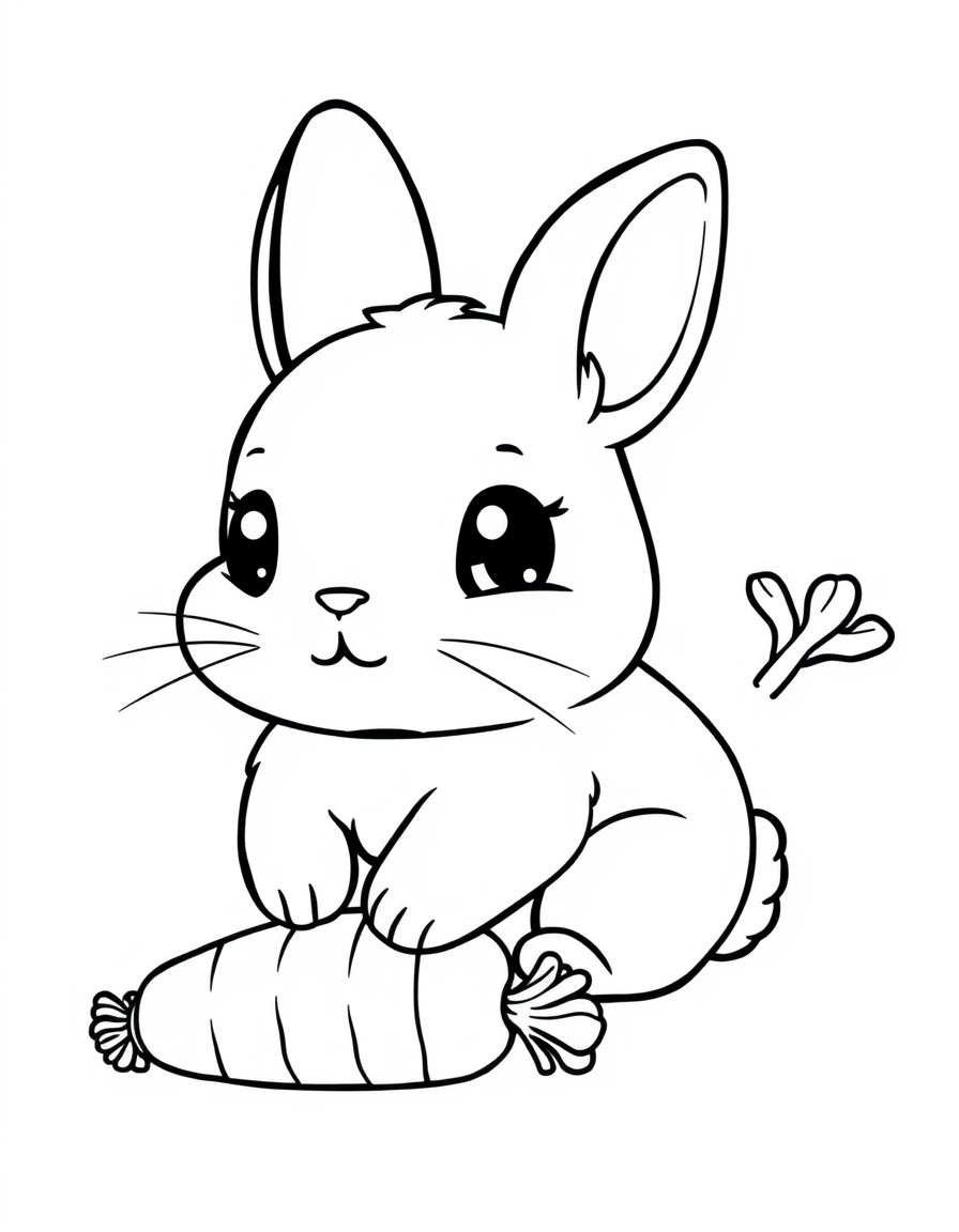 Create a simple black-and-white line art illustration of a kawaii bunny and a carrot on a white background. The bunny should be small, chubby, and adorable, with big round eyes, floppy ears, and a swe