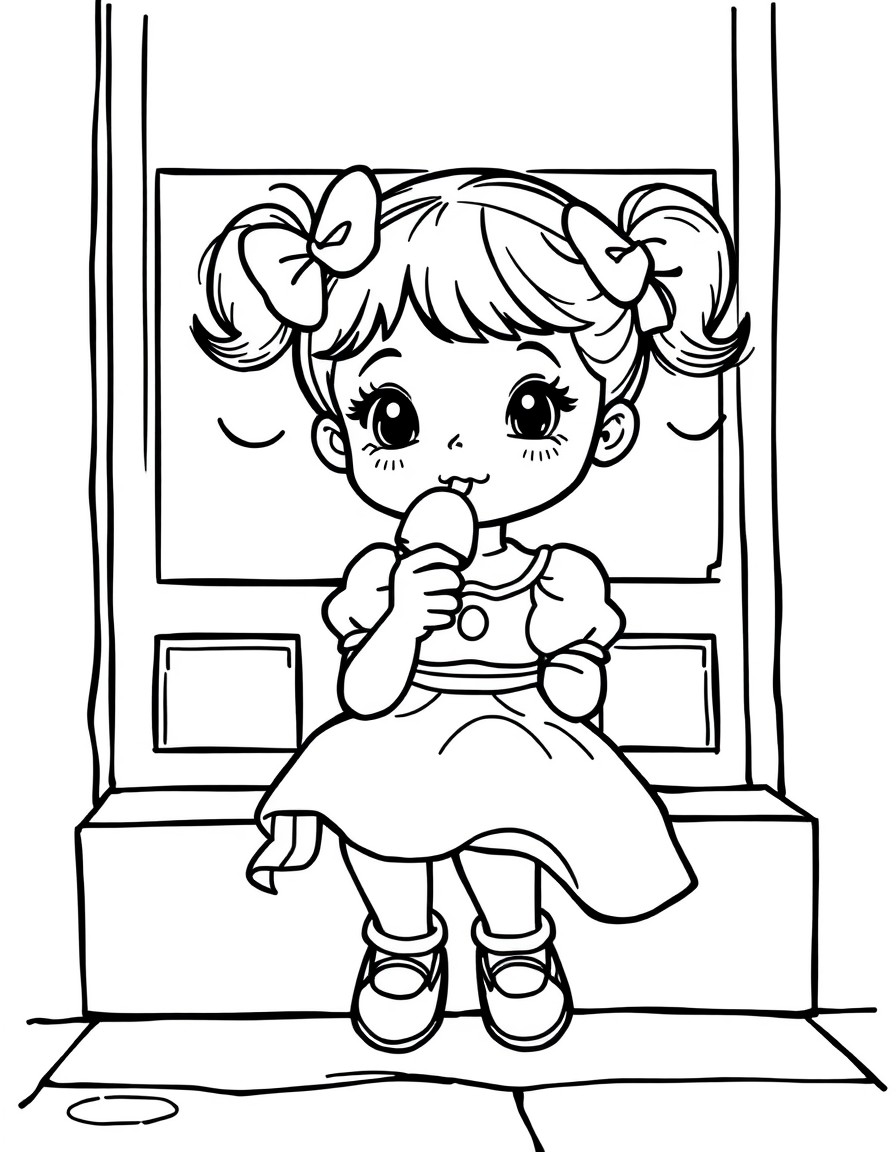 a cute little girl with a princess dress and pigtails with bows sitting on a stoop eating ice cream