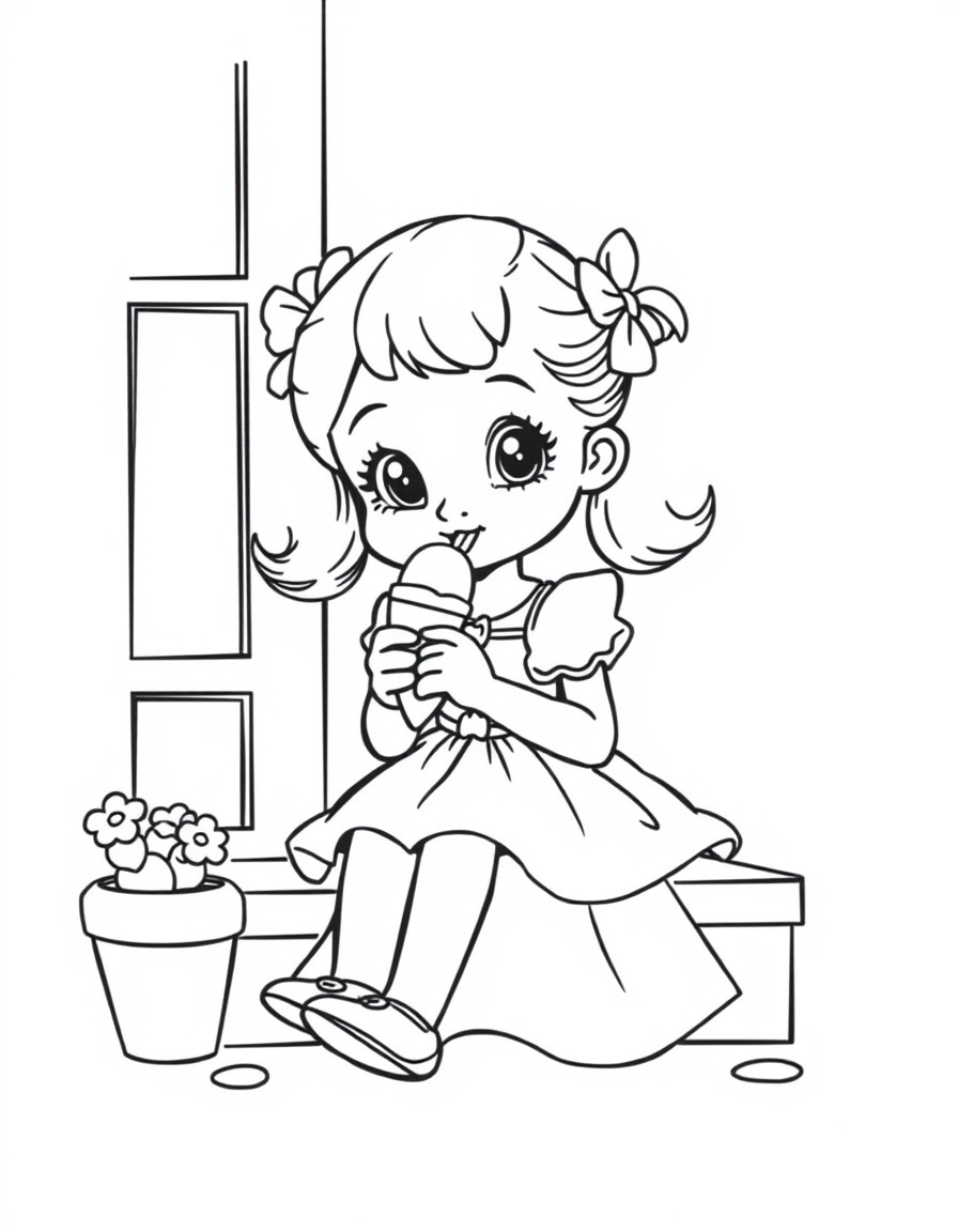 a cute little girl with a princess dress and pigtails with bows sitting on a stoop eating ice cream