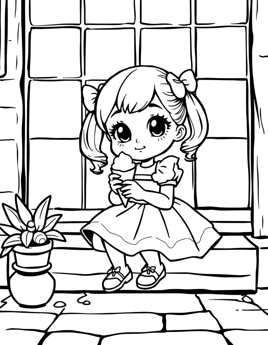 a cute little girl with a princess dress and pigtails with bows sitting on a stoop eating ice cream