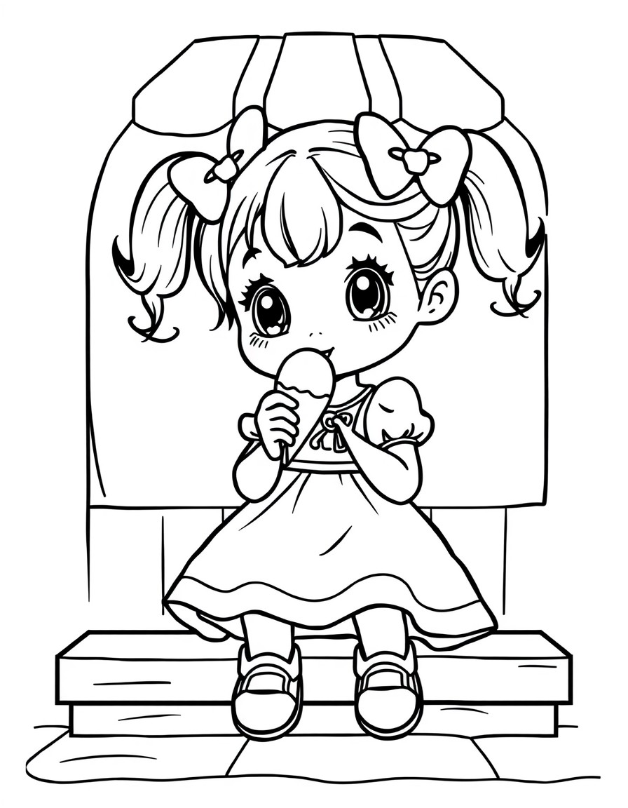 a cute little girl with a princess dress and pigtails with bows sitting on a stoop eating ice cream