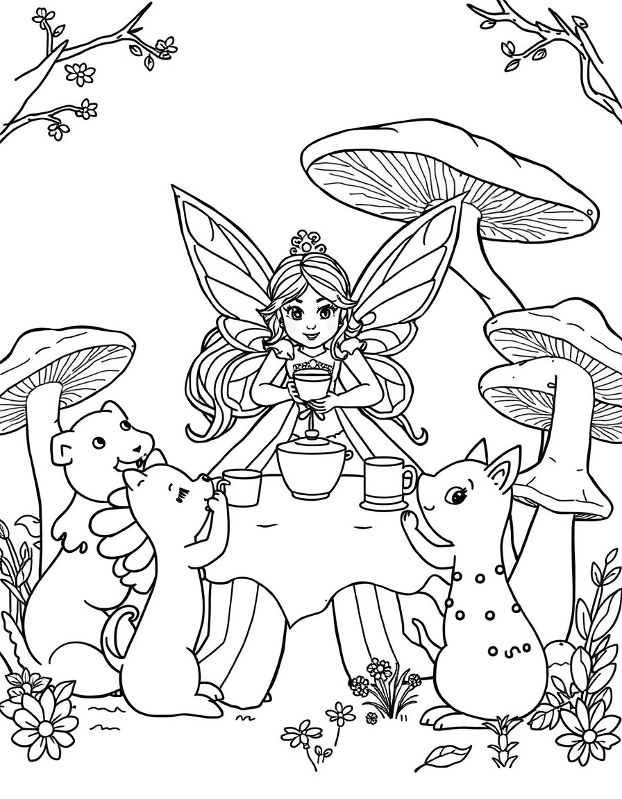 A fairy princess hosting a tea party with friendly woodland creatures and giant mushrooms