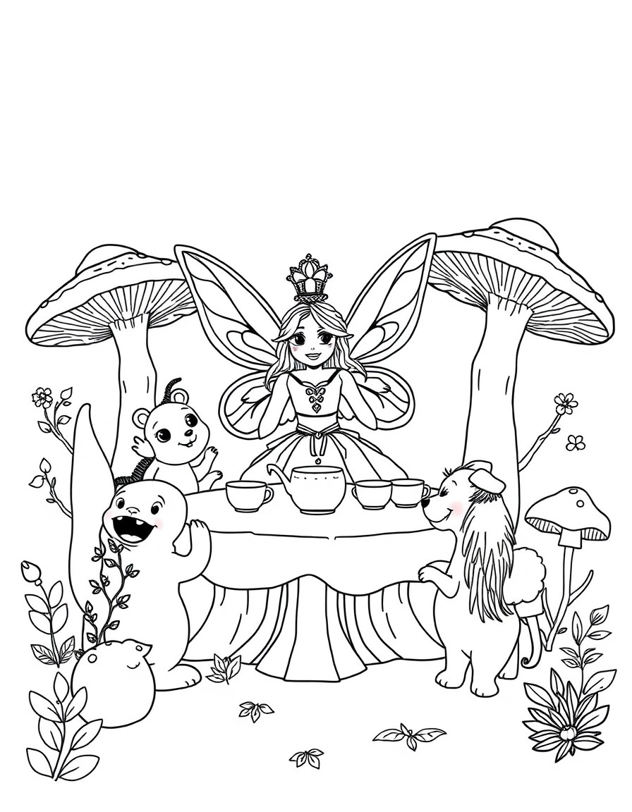 A fairy princess hosting a tea party with friendly woodland creatures and giant mushrooms