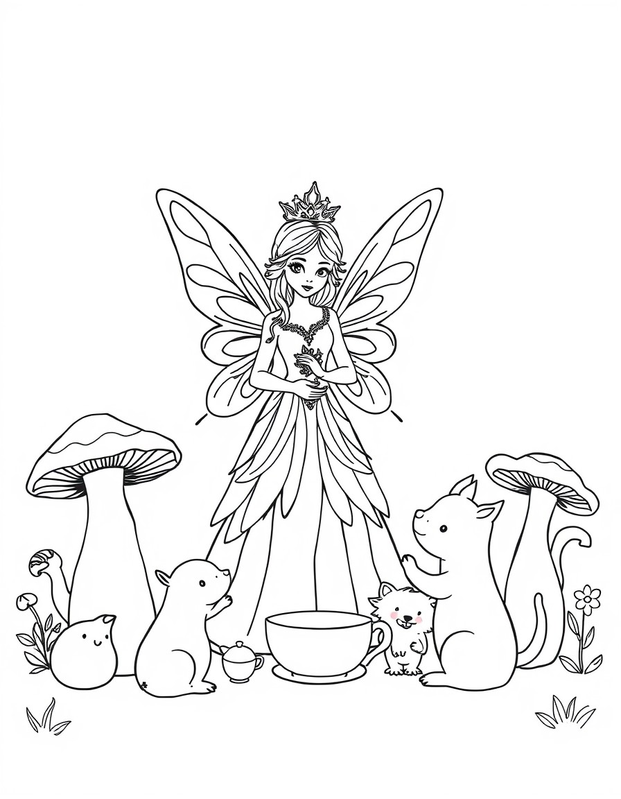 A fairy princess hosting a tea party with friendly woodland creatures and giant mushrooms