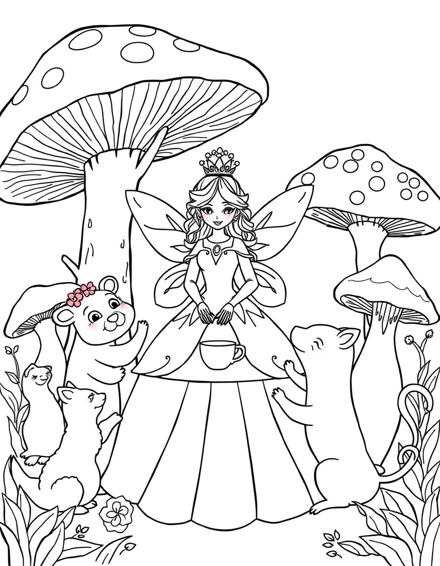 A fairy princess hosting a tea party with friendly woodland creatures and giant mushrooms