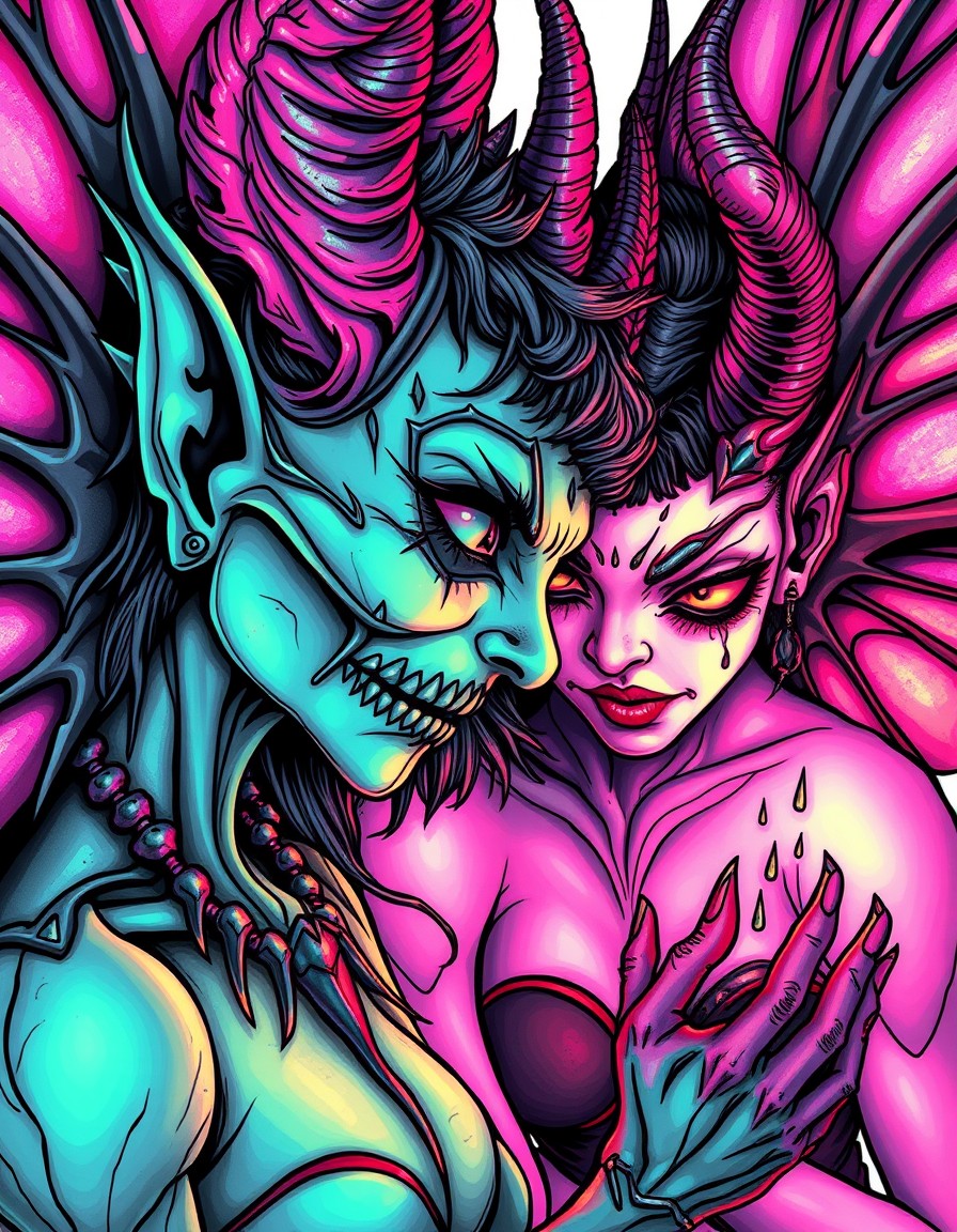 Black-metal KVLT-style Demon Fairies A hyper-detailed, vivid, saturated  vibrant pastel-gore tattoo style graphic novel cover close-up scene in intense HDR lighting, with sharp contrast and deep shado