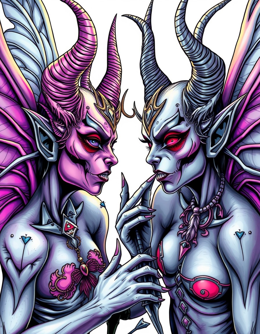 Black-metal KVLT-style Demon Fairies A hyper-detailed, vivid, saturated  vibrant pastel-gore tattoo style graphic novel cover close-up scene in intense HDR lighting, with sharp contrast and deep shado