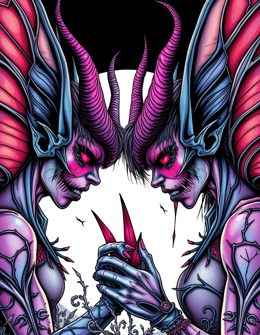 Black-metal KVLT-style Demon Fairies A hyper-detailed, vivid, saturated  vibrant pastel-gore tattoo style graphic novel cover close-up scene in intense HDR lighting, with sharp contrast and deep shado