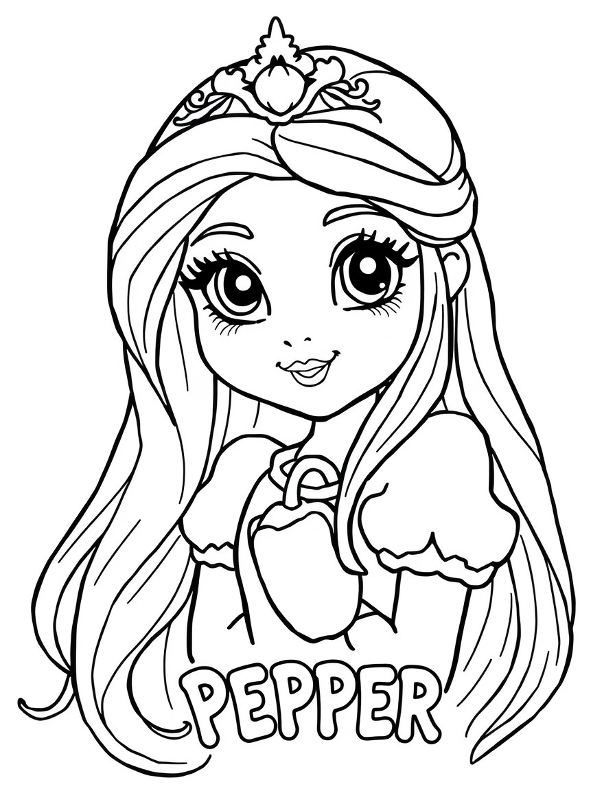 Cute princess with long hair with PEPPER written on the bottom of the page