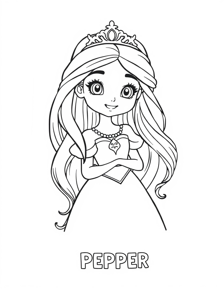 Cute princess with long hair with PEPPER written on the bottom of the page