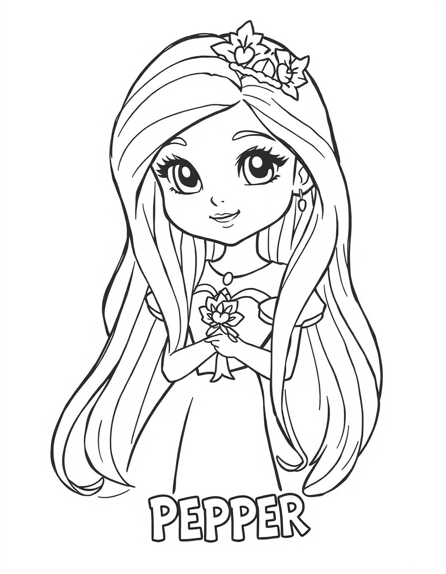 Cute princess with long hair with PEPPER written on the bottom of the page