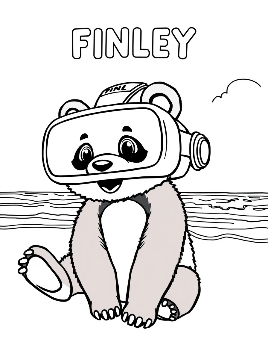 a VR head set that has a cute smile and a cute pet baby panda and the word FINLEY at the top and it is at the beach