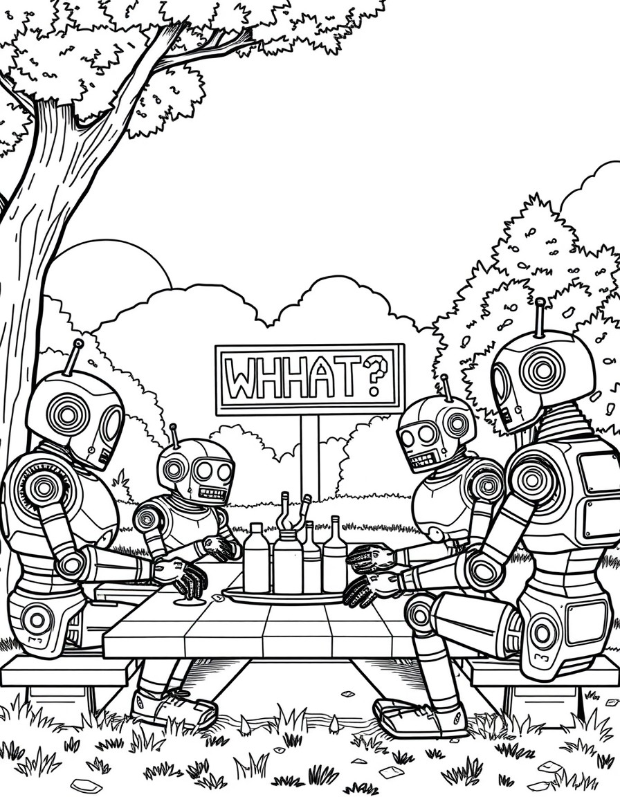 A group of robots having a picnic in a park with a digital sign reading 'WHAT?'