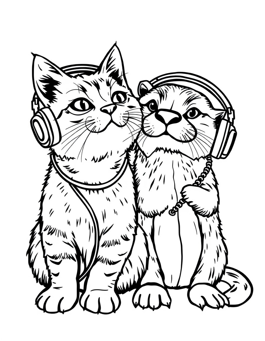 one cat and a otter with headphones listening to some hip hop music