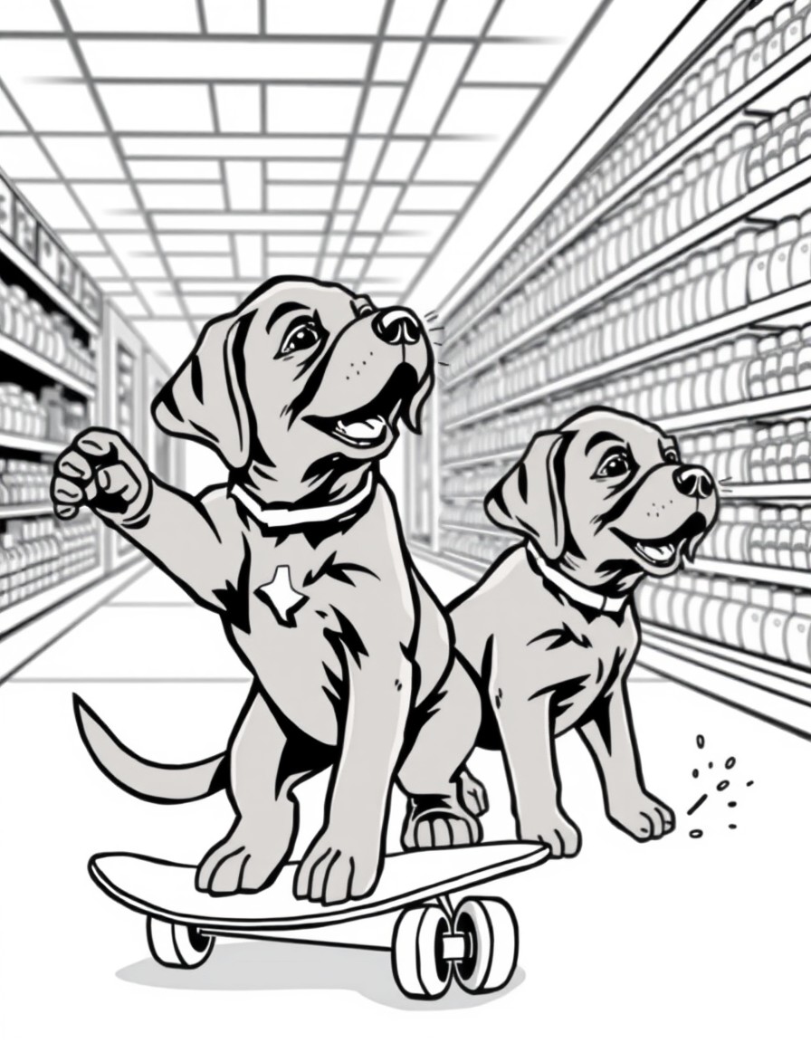 Cute baby chocolate Labrador retrievers skateboarding in a grocery store isle and spray painting graffiti