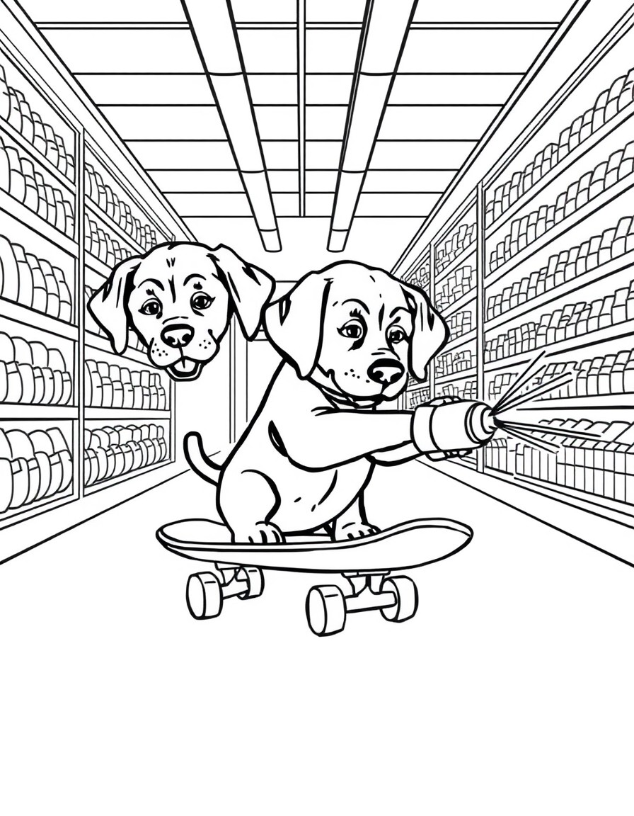 Cute baby chocolate Labrador retrievers skateboarding in a grocery store isle and spray painting graffiti