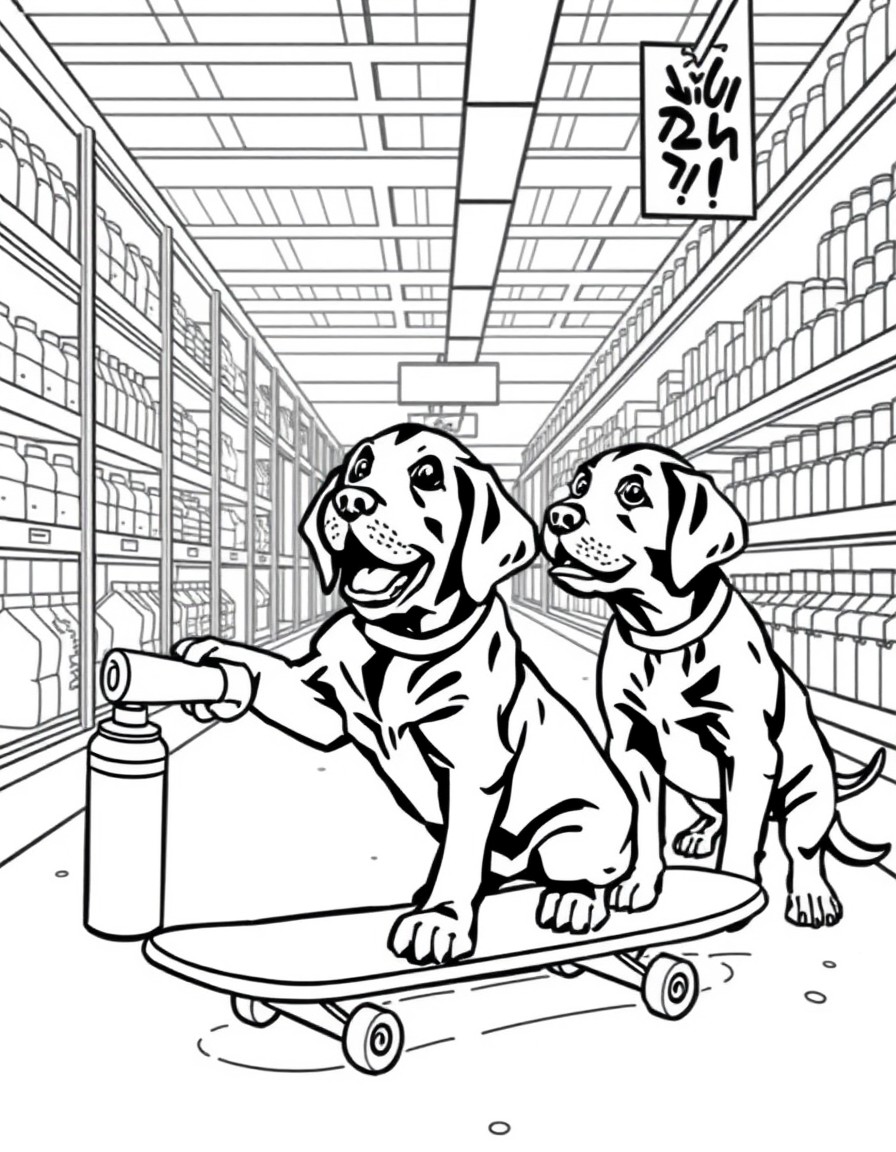 Cute baby chocolate Labrador retrievers skateboarding in a grocery store isle and spray painting graffiti