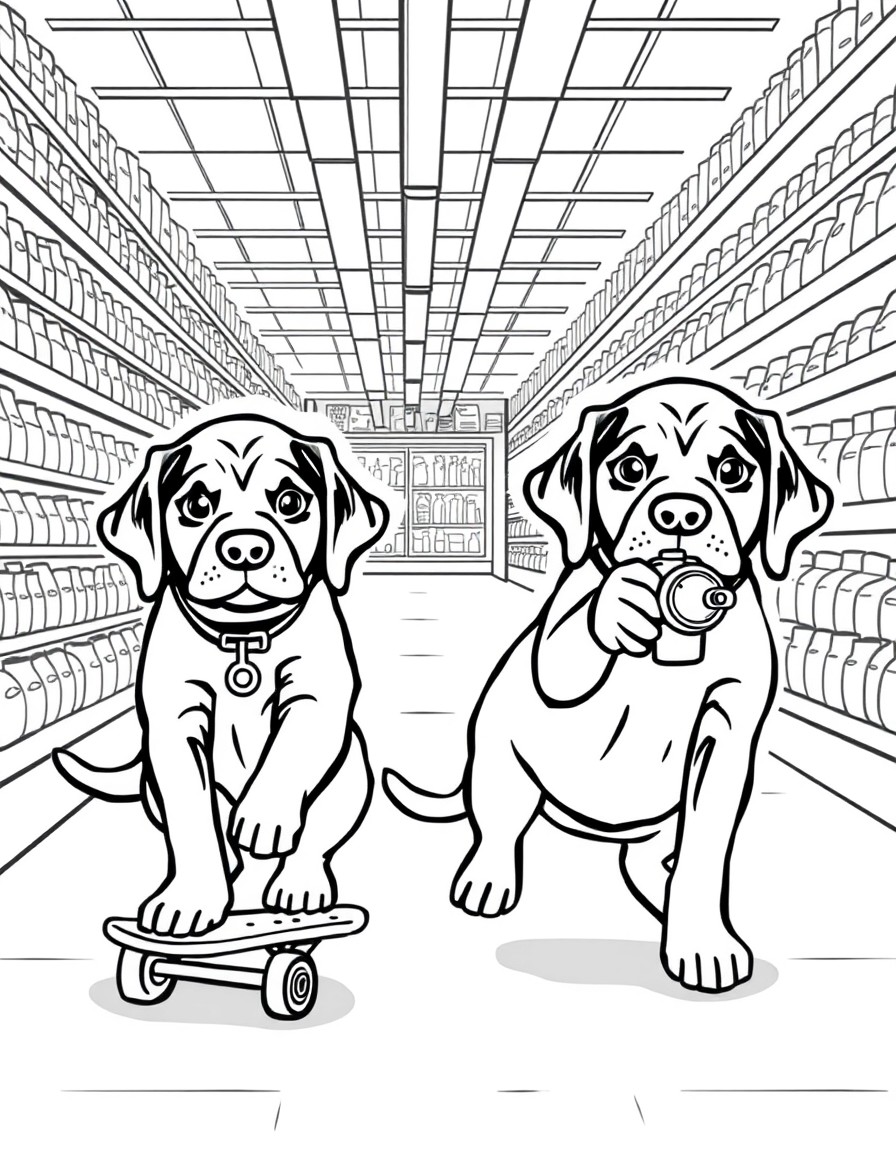 Cute baby chocolate Labrador retrievers skateboarding in a grocery store isle and spray painting graffiti