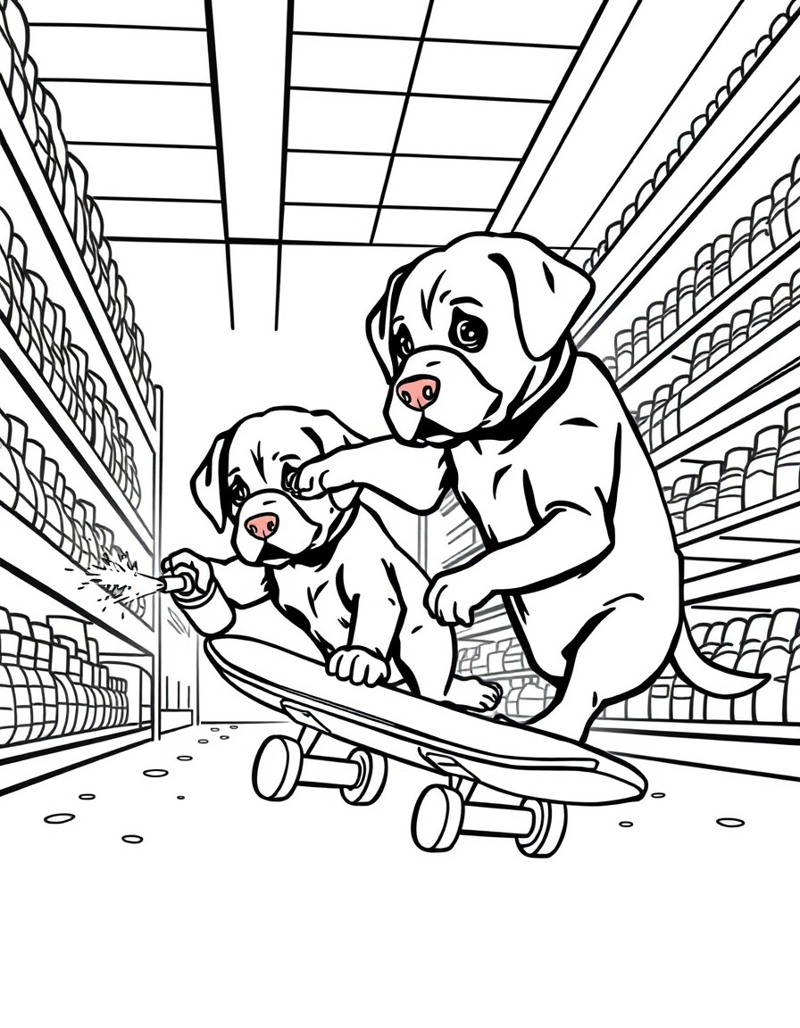 Cute baby chocolate Labrador retrievers skateboarding in a grocery store isle and spray painting graffiti