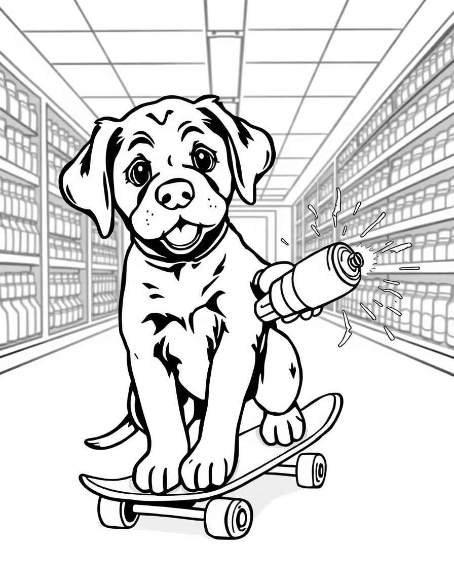 Cute baby chocolate Labrador retrievers skateboarding in a grocery store isle and spray painting graffiti