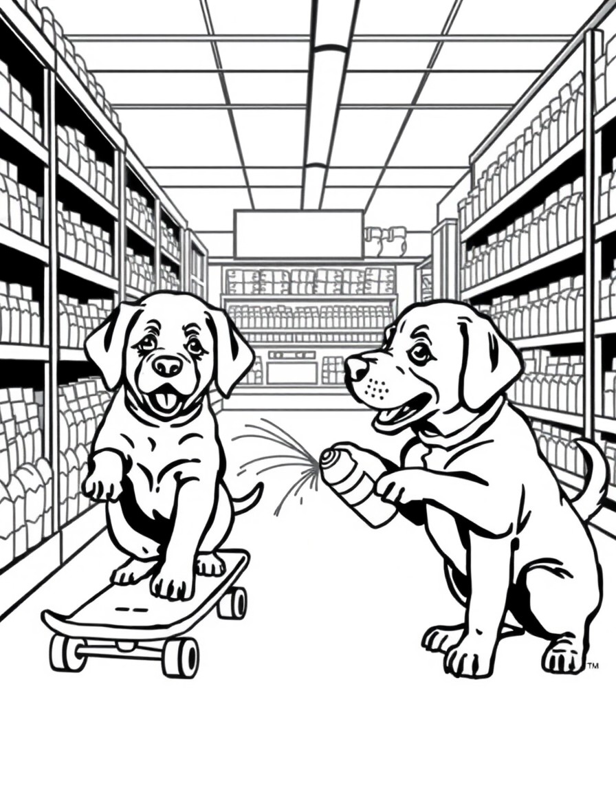 Cute baby chocolate Labrador retrievers skateboarding in a grocery store isle and spray painting graffiti