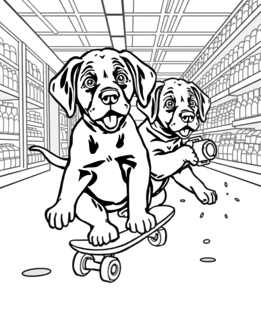 Cute baby chocolate Labrador retrievers skateboarding in a grocery store isle and spray painting graffiti