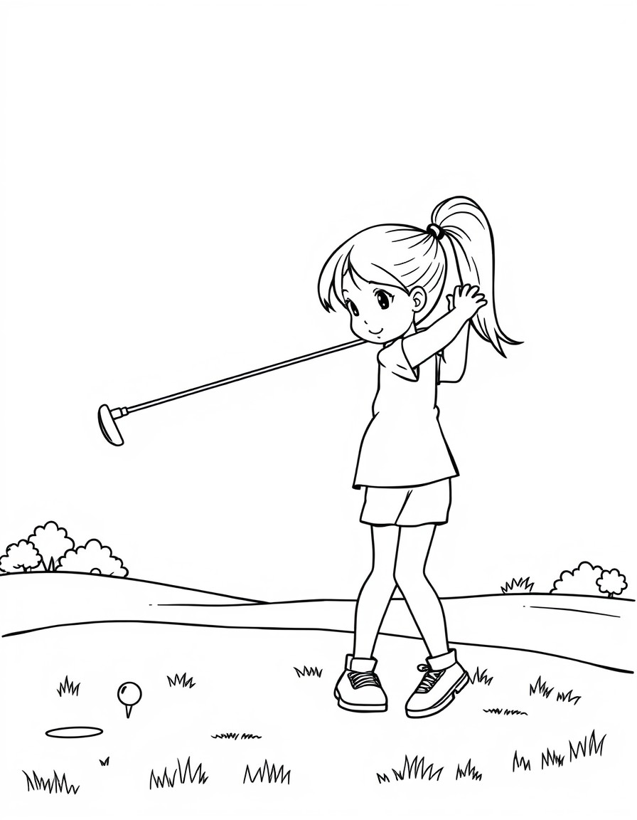 A girl with a ponytail golfing