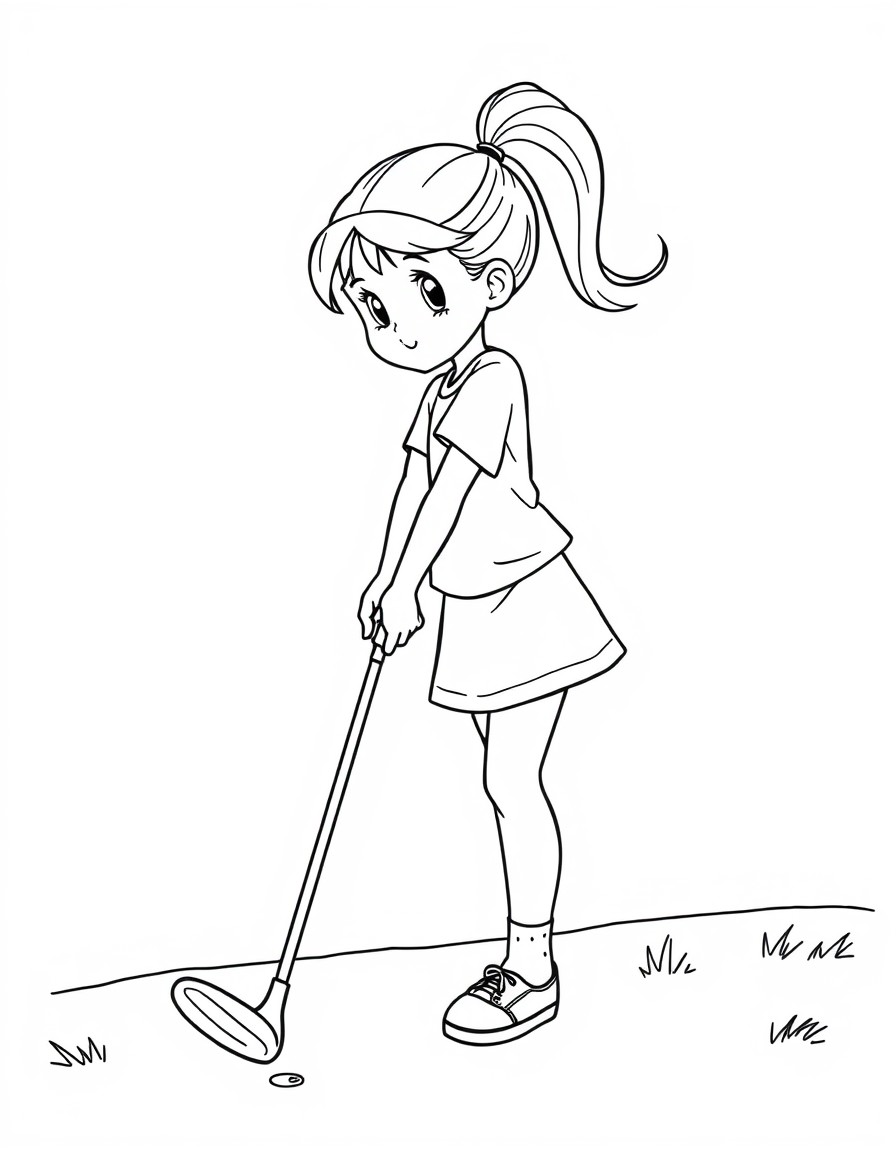 A girl with a ponytail golfing