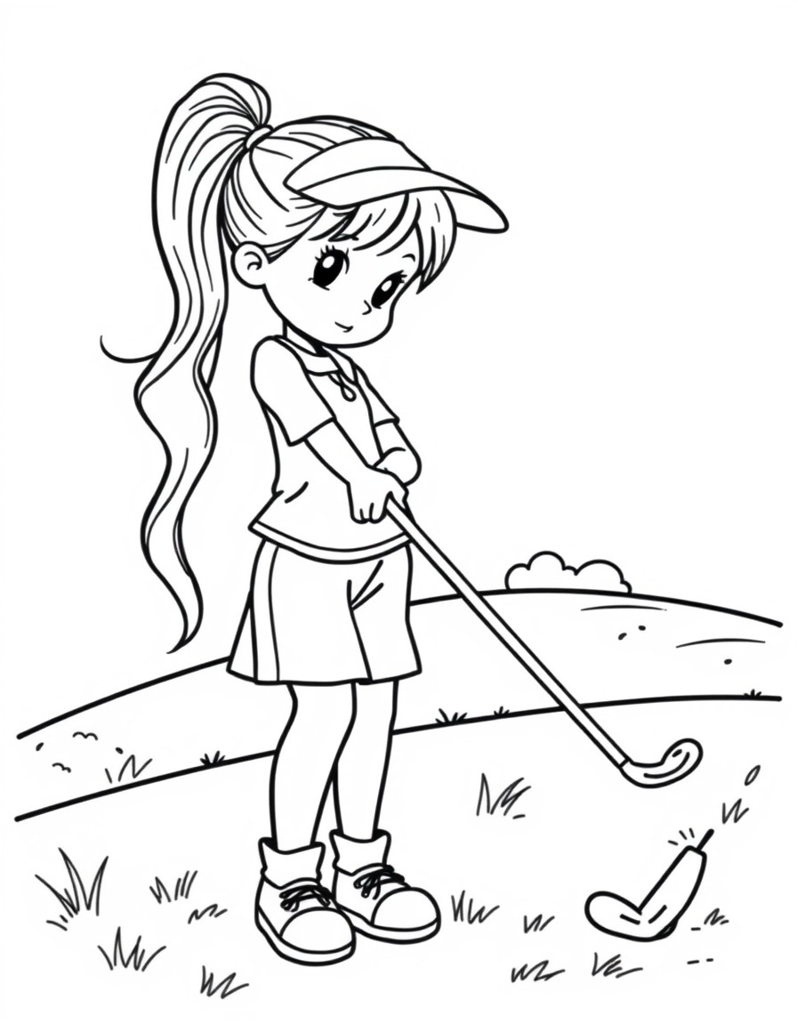 A girl with a ponytail golfing