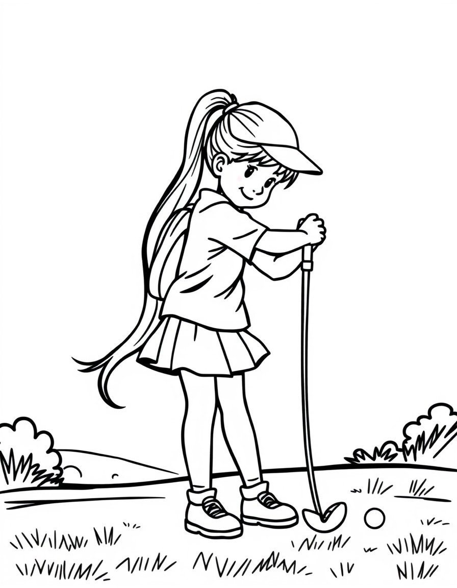 A girl with a ponytail golfing