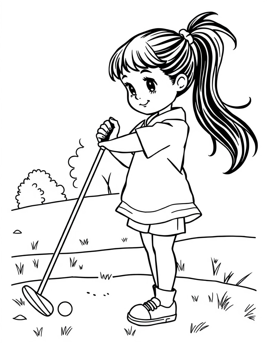 A girl with a ponytail golfing