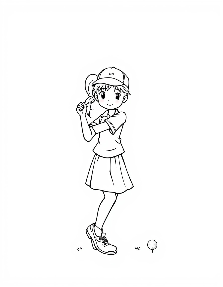 A girl with a ponytail wearing a skirt and short-sleeved. With a baseball cap golfing