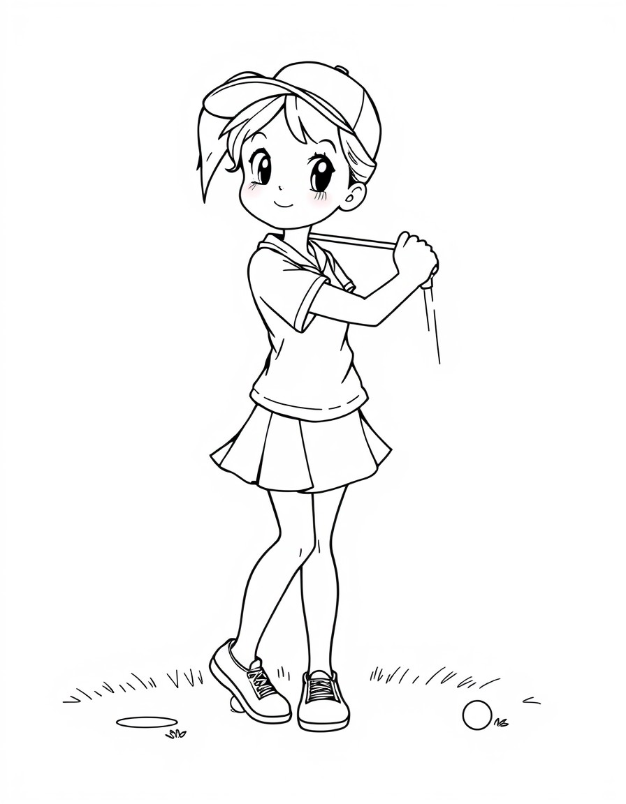 A girl with a ponytail wearing a skirt and short-sleeved. With a baseball cap golfing