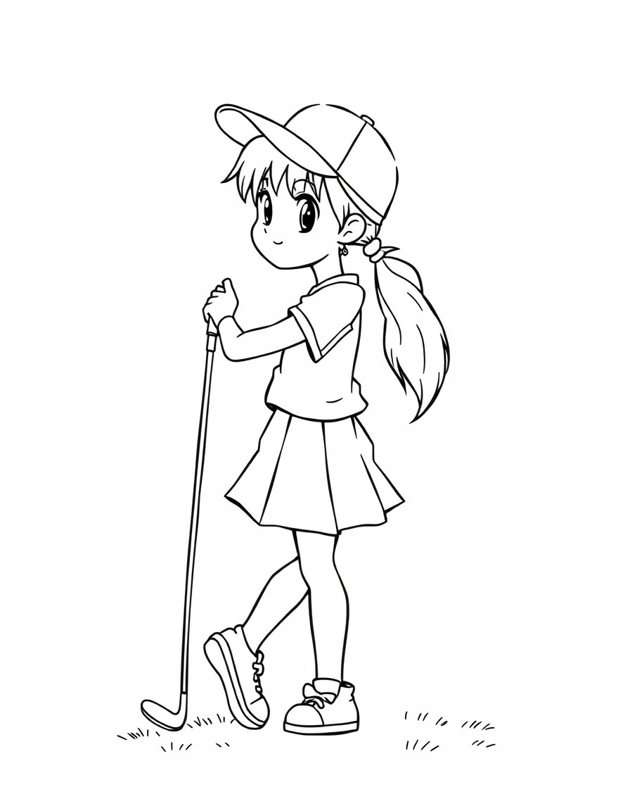 A girl with a ponytail wearing a skirt and short-sleeved. With a baseball cap golfing