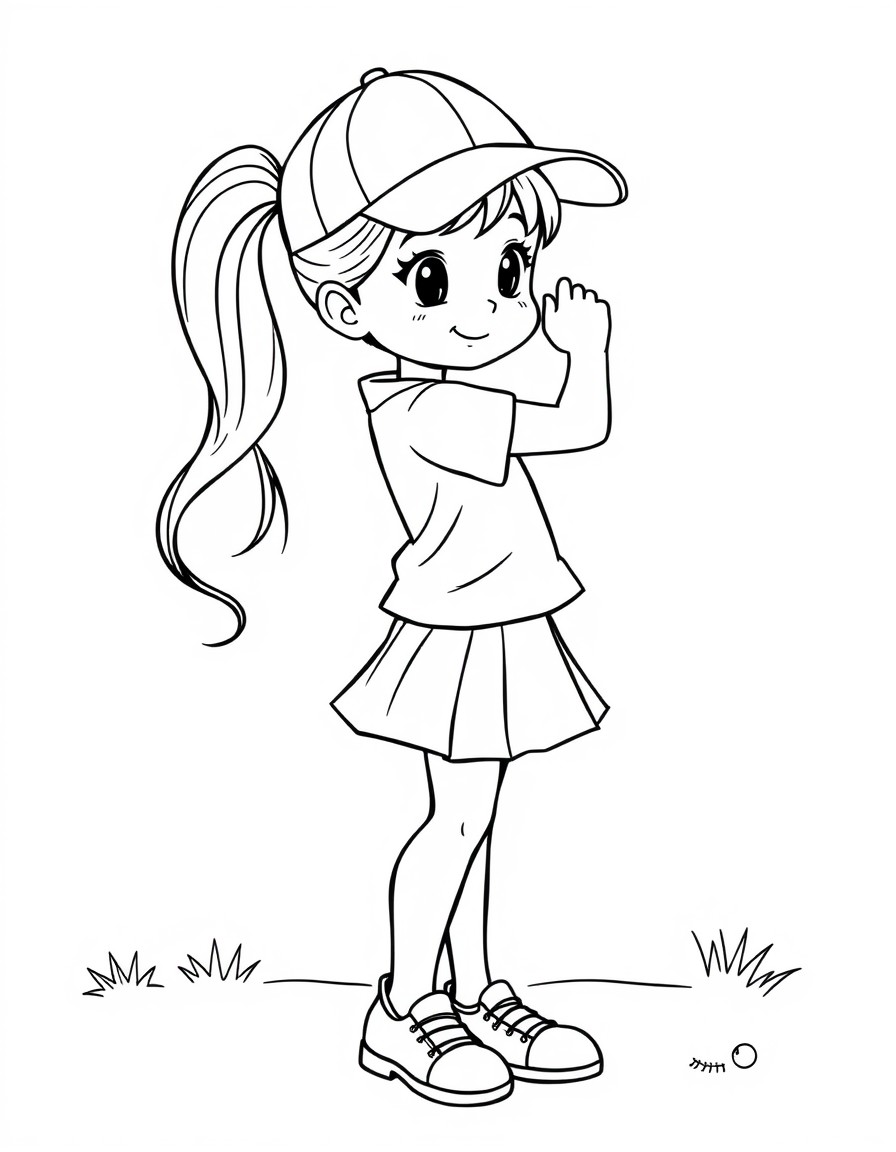 A girl with a ponytail wearing a skirt and short-sleeved. With a baseball cap golfing