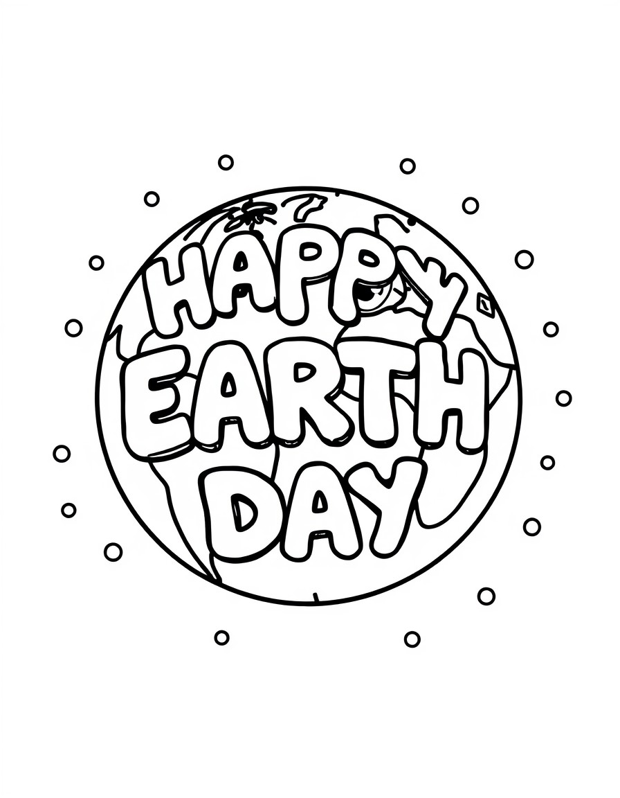 Picture of earth with eyes and a mouth with bubble letters that say happy earth day