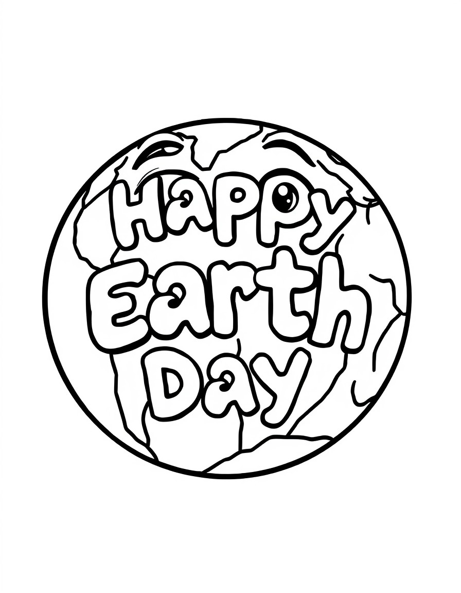 Picture of earth with eyes and a mouth with bubble letters that say happy earth day
