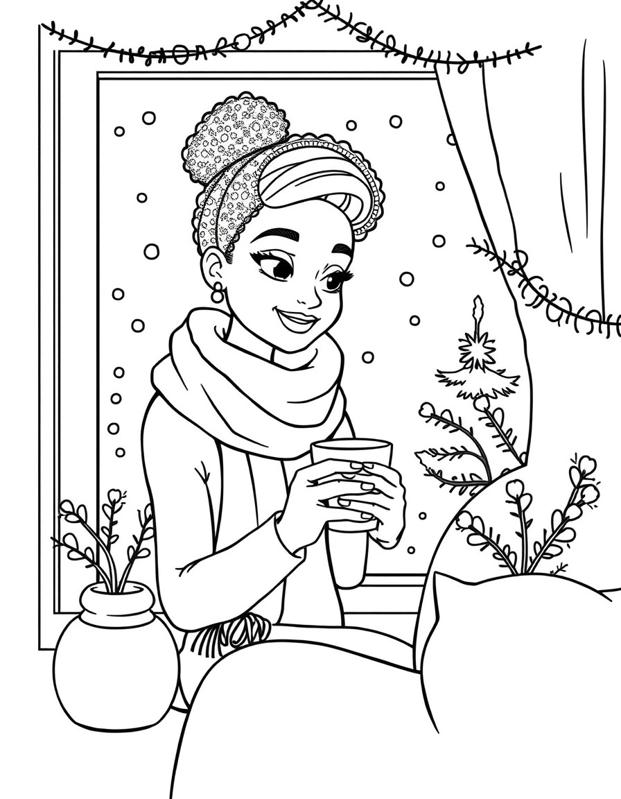 A black-and-white, bold line-art coloring page featuring a cozy scene with a cute black woman wearing a scarf, sitting by a window with a warm cup of tea. Outside the window, snow is falling, and a sm
