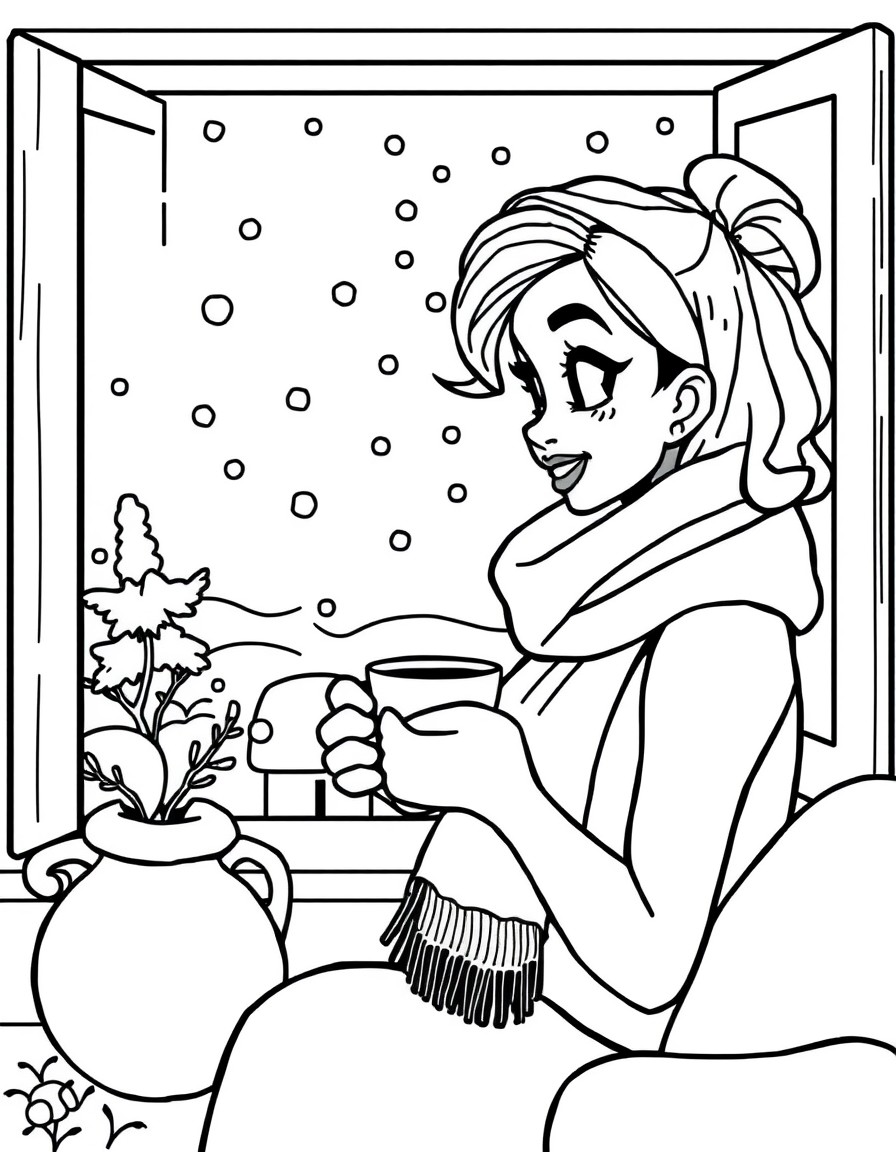 A black-and-white, bold line-art coloring page featuring a cozy scene with a cute black woman wearing a scarf, sitting by a window with a warm cup of tea. Outside the window, snow is falling, and a sm