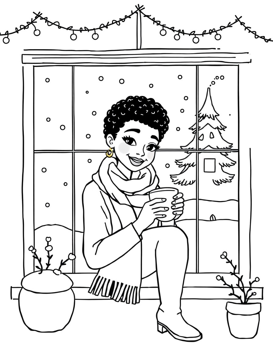 A black-and-white, bold line-art coloring page featuring a cozy scene with a cute black woman wearing a scarf, sitting by a window with a warm cup of tea. Outside the window, snow is falling, and a sm
